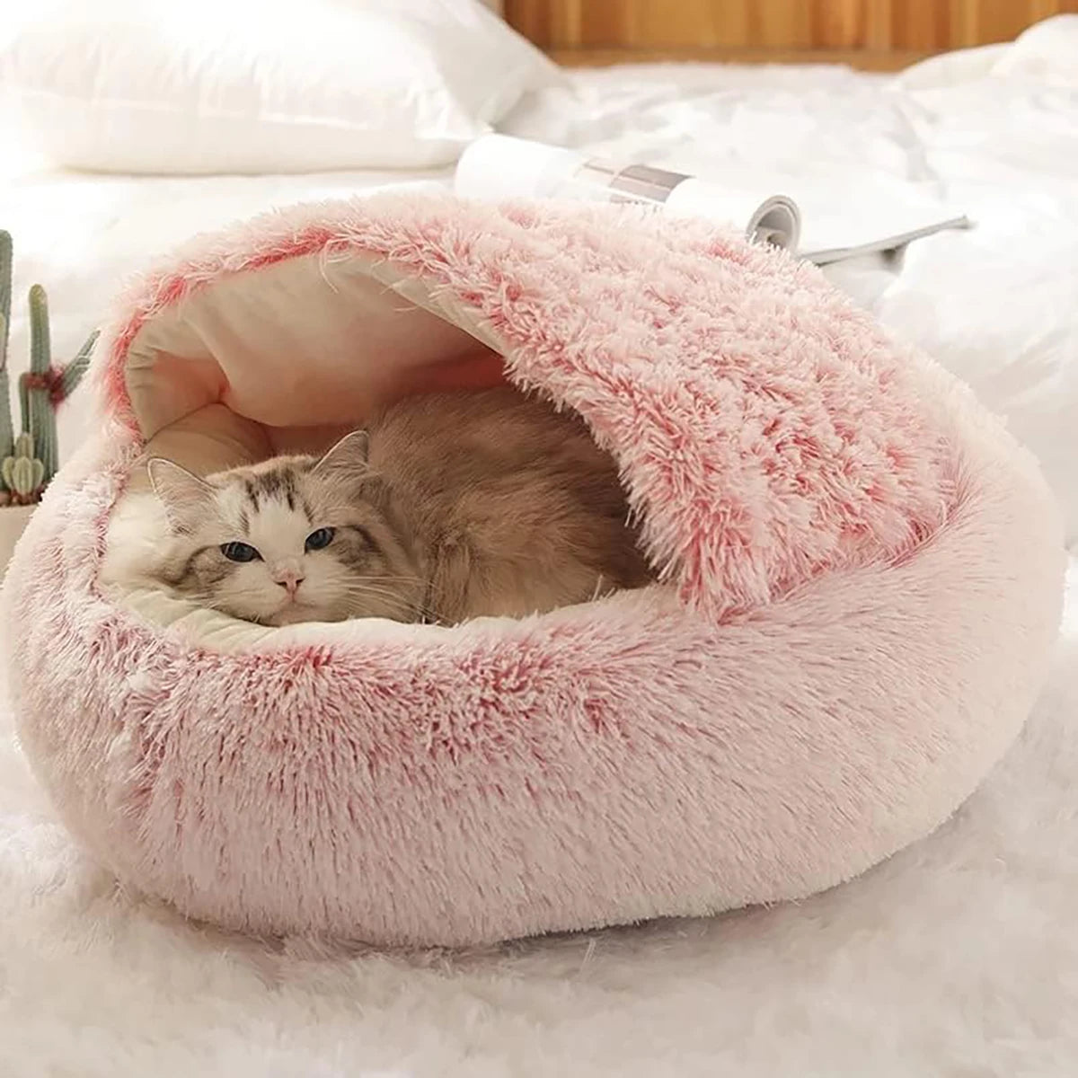 Cat Bed round Plush Fluffy Hooded Cat Bed Cave, Cozy for Indoor Cats or Small Dog Beds, Doughnut Calm Anti-Nxiety Dog Bed