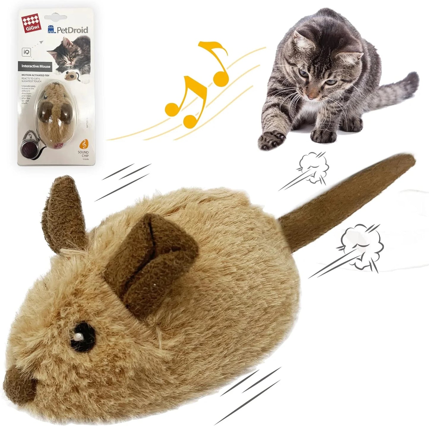 Interactive Cat Toy Mouse, Moving Automatic Cat Toys Mice Electronic with Furry Tail, Automatic Squeaky Cat Toys for Kitten Indoor/Outdoor Exercise (Brown-Ear)